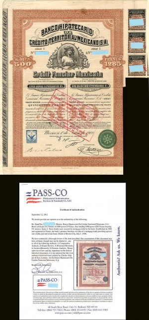 "Queen Elizabeth" - Banco Hipotecario De Credito Territorial Mexicano, S.A. 100 pesos/257 francs 1908 (Uncanceled)